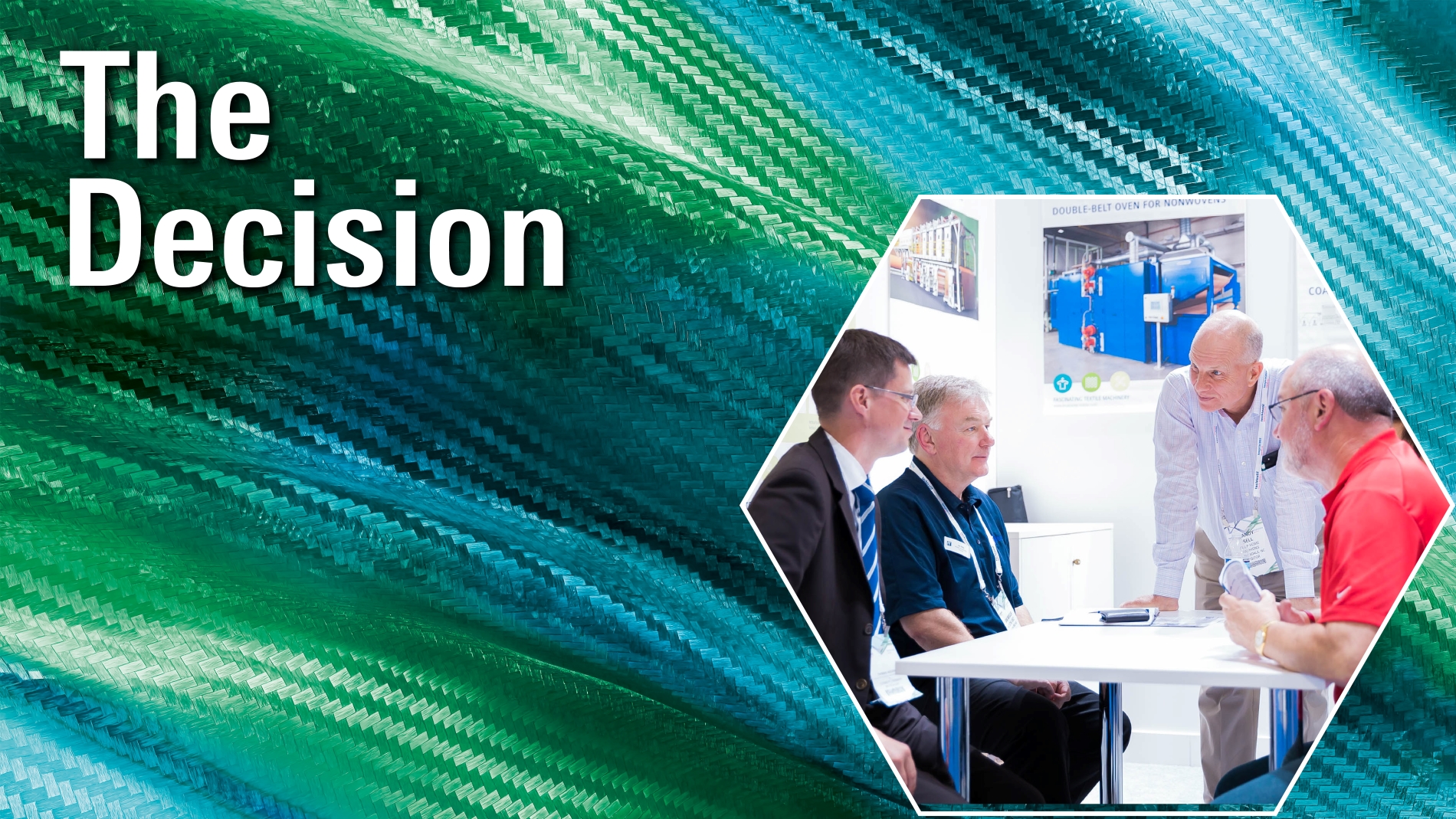 Business professionals engaged in a discussion at a trade fair booth, focusing on decision-making processes